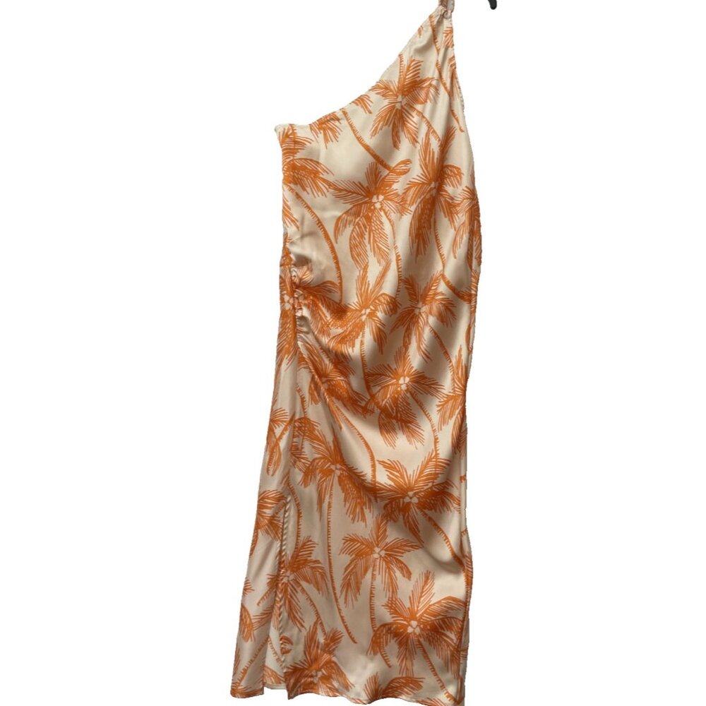 Future Collective Alani Noelle Dress Women M One Shoulder Orange Palm Print Midi